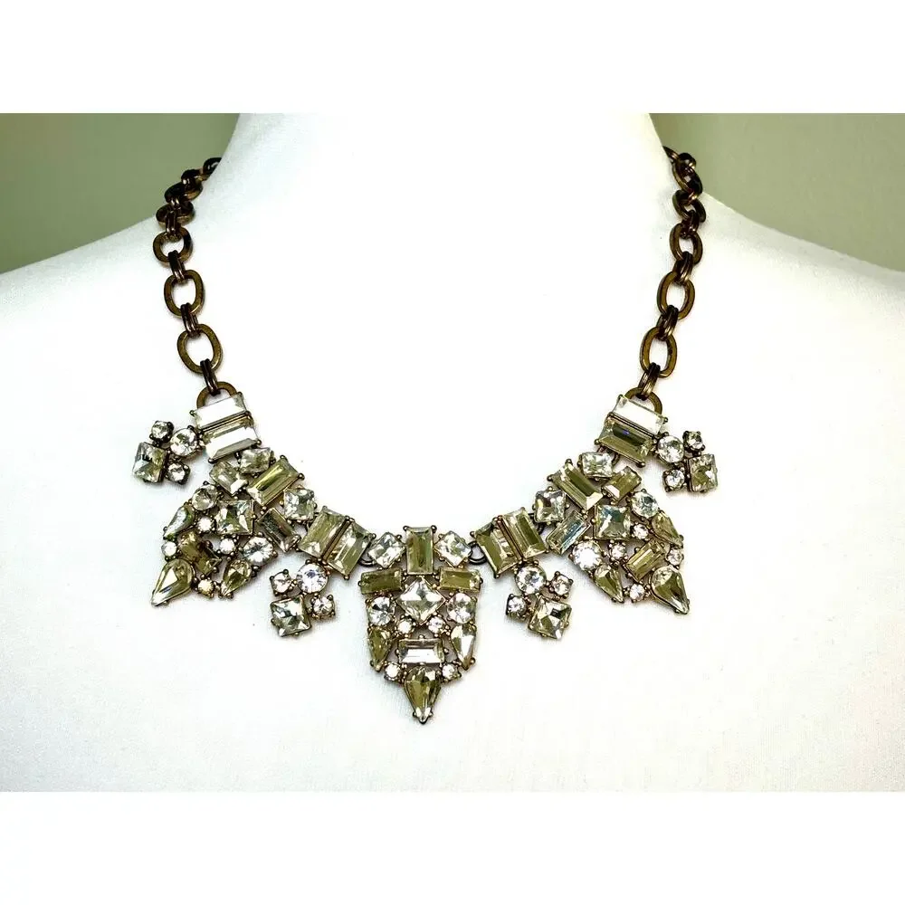 Vintage J. Crew Gold Tone Crystal Cluster Statement Necklace EUC